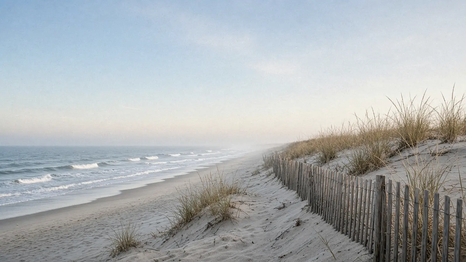 Illustration: dunes, beach grass and a wooden fence along the Atlantic shore at morning