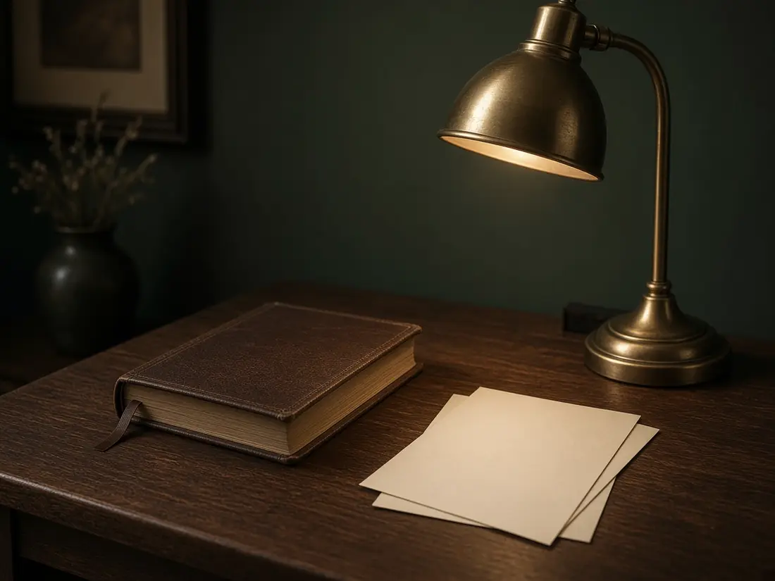 Illustration: a leather ledger and brass lamp on a walnut desk