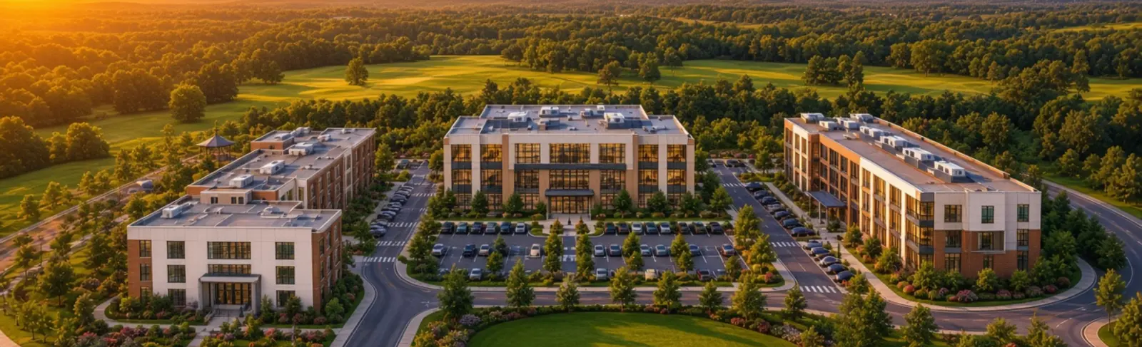 Concept rendering: aerial view of the proposed Wellness Campus of Delaware, three buildings around a green